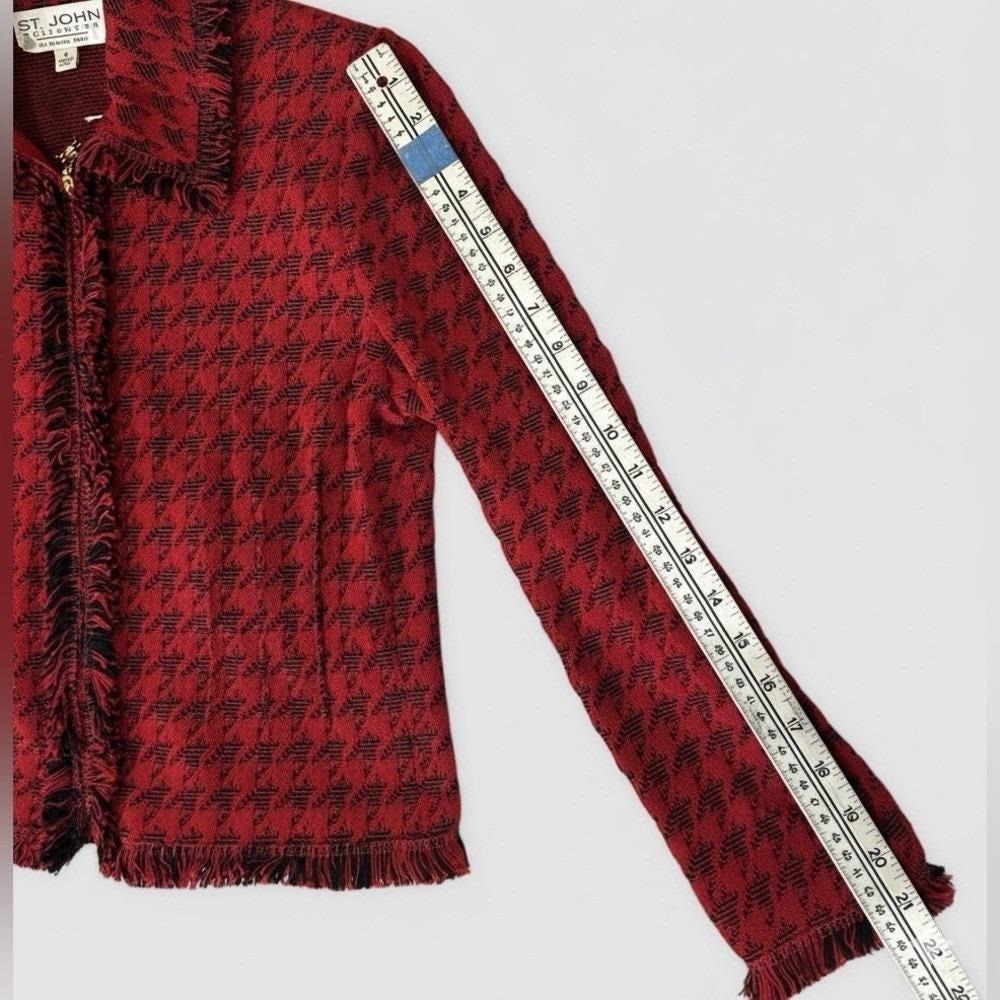 St John Collection Red Black Houndstooth Zip Jacket Blazer Old Money Elegant 4 - Picture 8 of 9